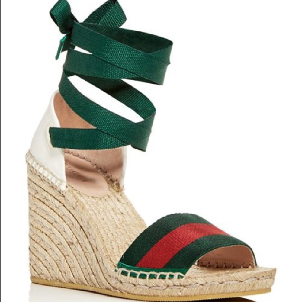 Gucci Ankle Tie Platform Wedge Espadrille Sandal - size 38